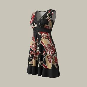 Roulette Womens Floral Surplice V-Neck Tie Back Fit & Flare Dress Black Red M